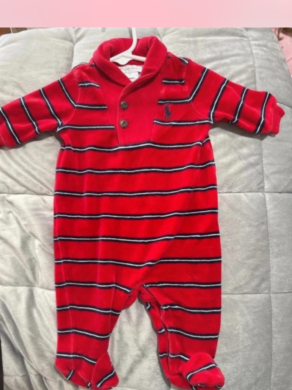 Ralph Lauren Red Striped Footed One-Piece with Navy & White Trim